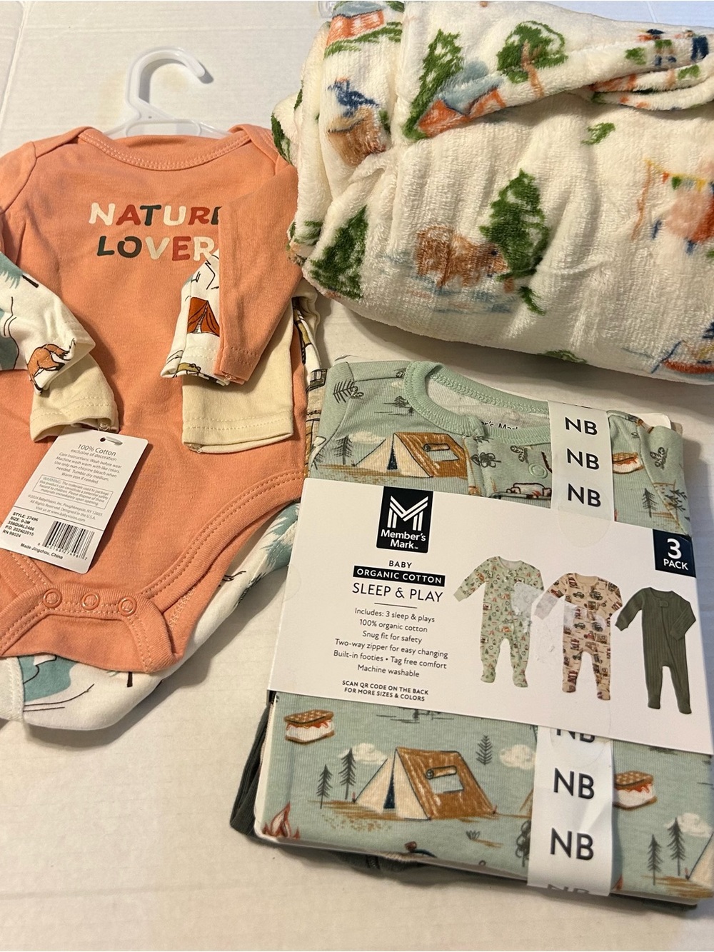Camping baby bundle fleece blanket 3pack jammies and 3pack onesie. Camping theme